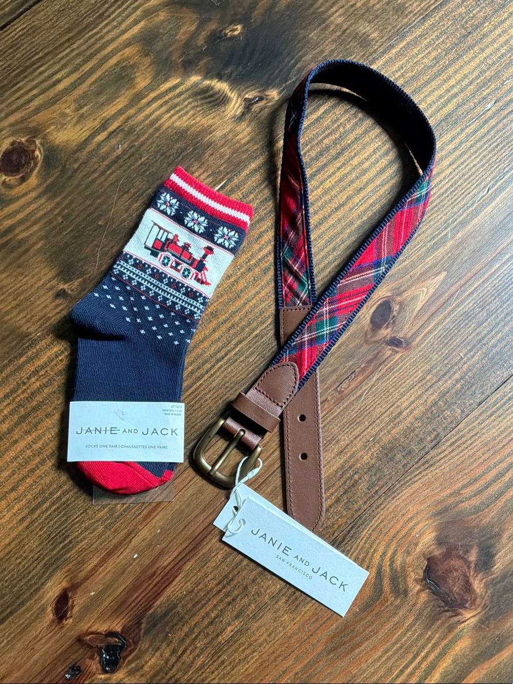 Janie and Jack Red Tartan Plaid Belt with Brown Leather Trim
